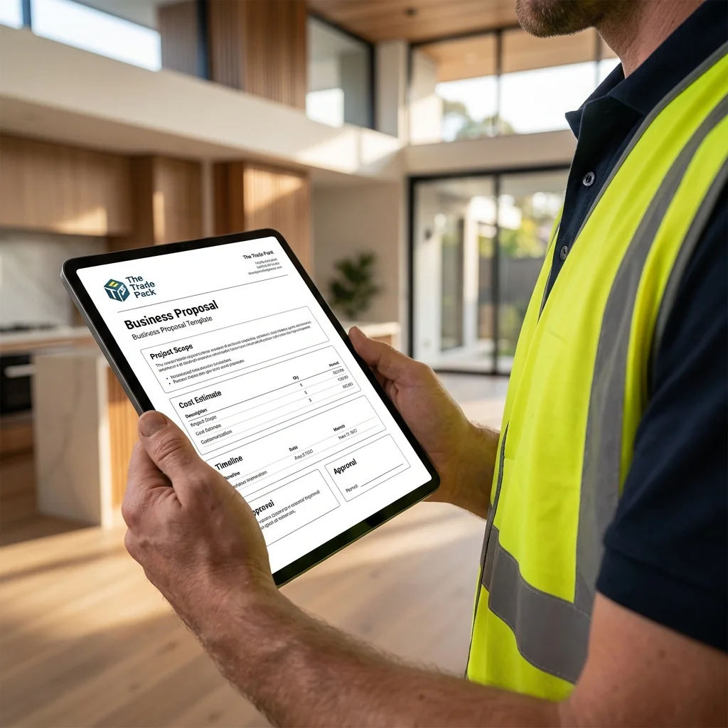 Tradesperson in hi-vis holding a tablet showing a Trade Pack proposal in a customer's home