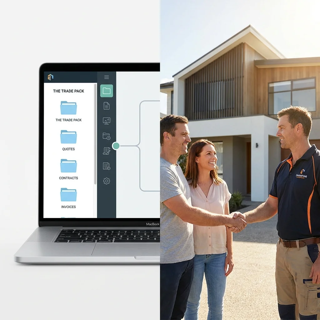 Trade Pack contents on a laptop, tradesperson shaking hands with a couple at their home