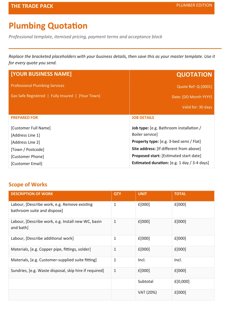 The Trade Pack plumbing quotation template, first page