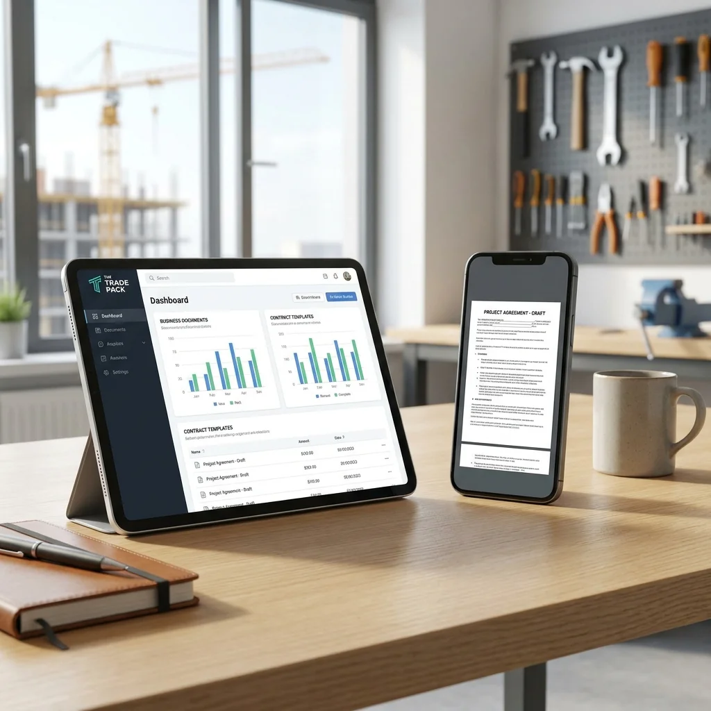 Trade Pack on a tablet and phone, dashboard and proposal preview, on a workshop bench with tools