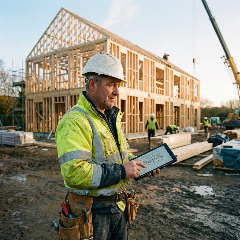 Builder in hi-vis on a timber-frame construction site holding a tablet