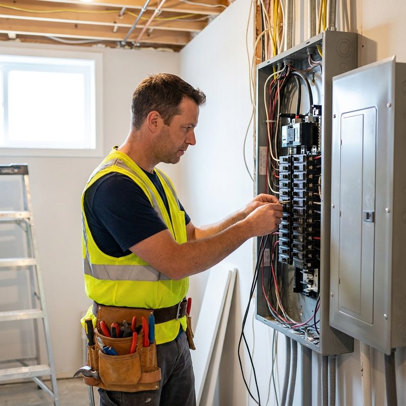 Electrician in hi-vis vest and tool belt working on a domestic consumer unit