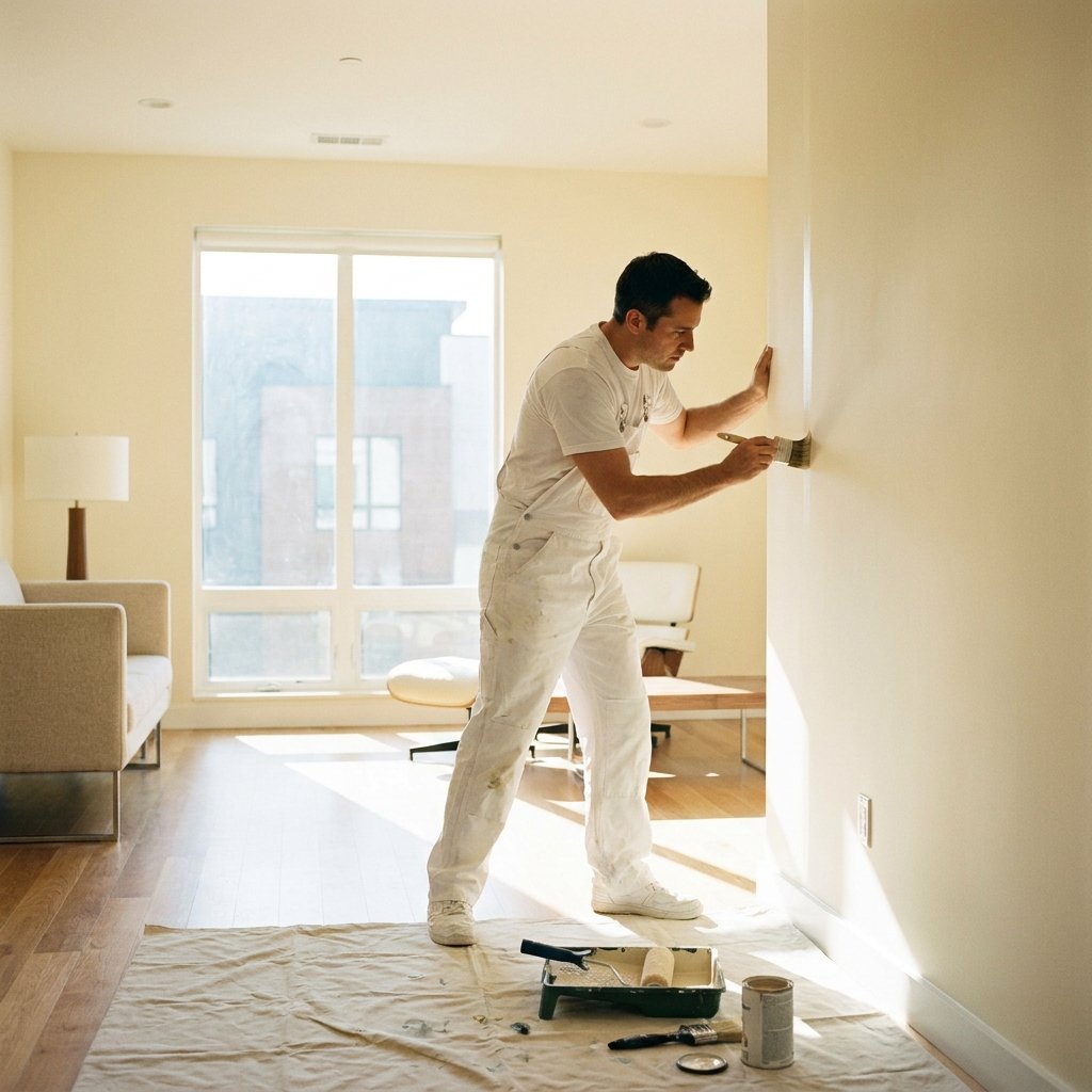 Painter and decorator in white overalls applying emulsion to an interior wall with a roller