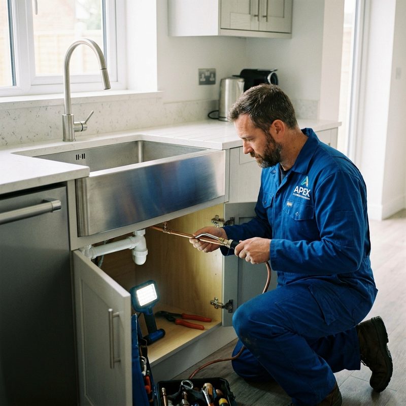 Plumber in blue work uniform fitting copper pipework under a kitchen sink